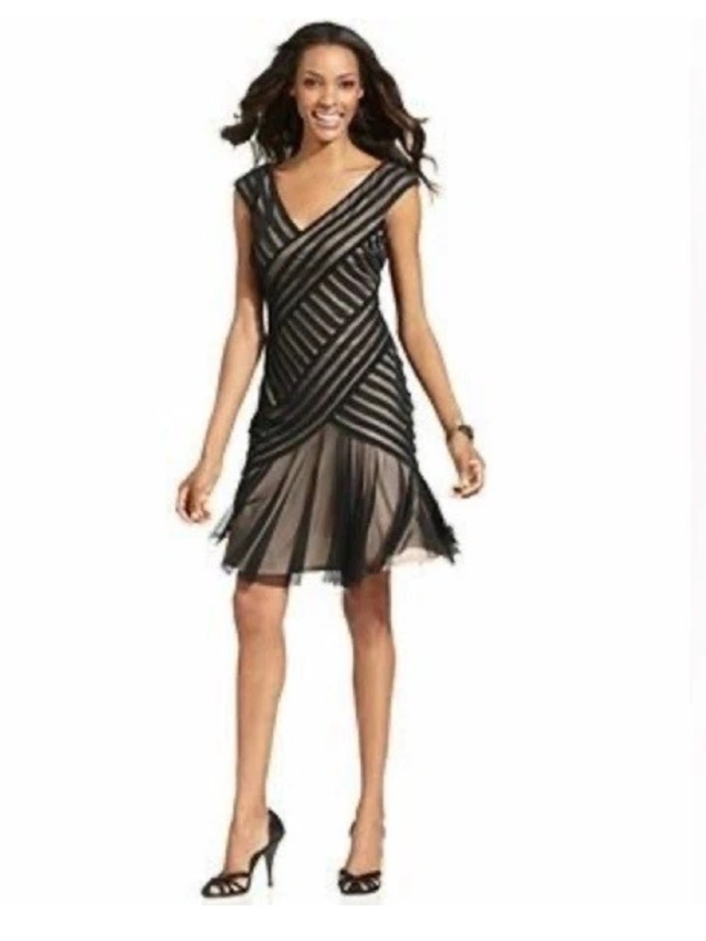 London Times Black Tan Beige V-Neck Striped Sleeveless Formal Sz 14 Sheer Dress